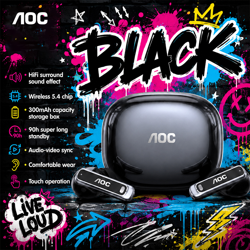 AOC ACT4611 Fones De Ouvido Sem Fio Bluetooth TWS Estéreo Surround Poderoso Efeito De Graves Bluetooth5.4 Chip Stable Li