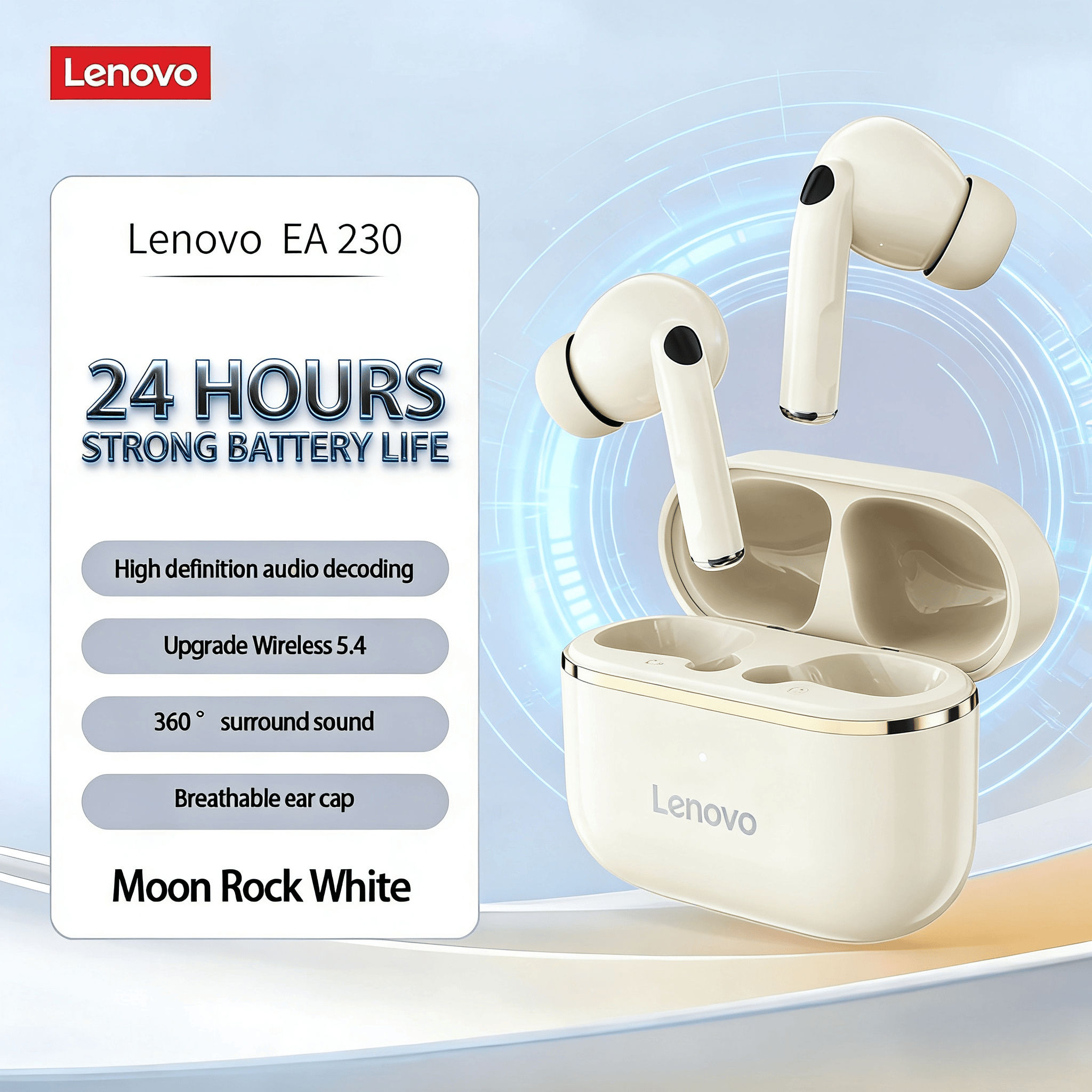 Lenovo EA230 Fones De Ouvido TWS Intra-Auriculares Sem Fio 40H Playtime Bluetooth5.4 De Baixa Latência HiFi Som Música U