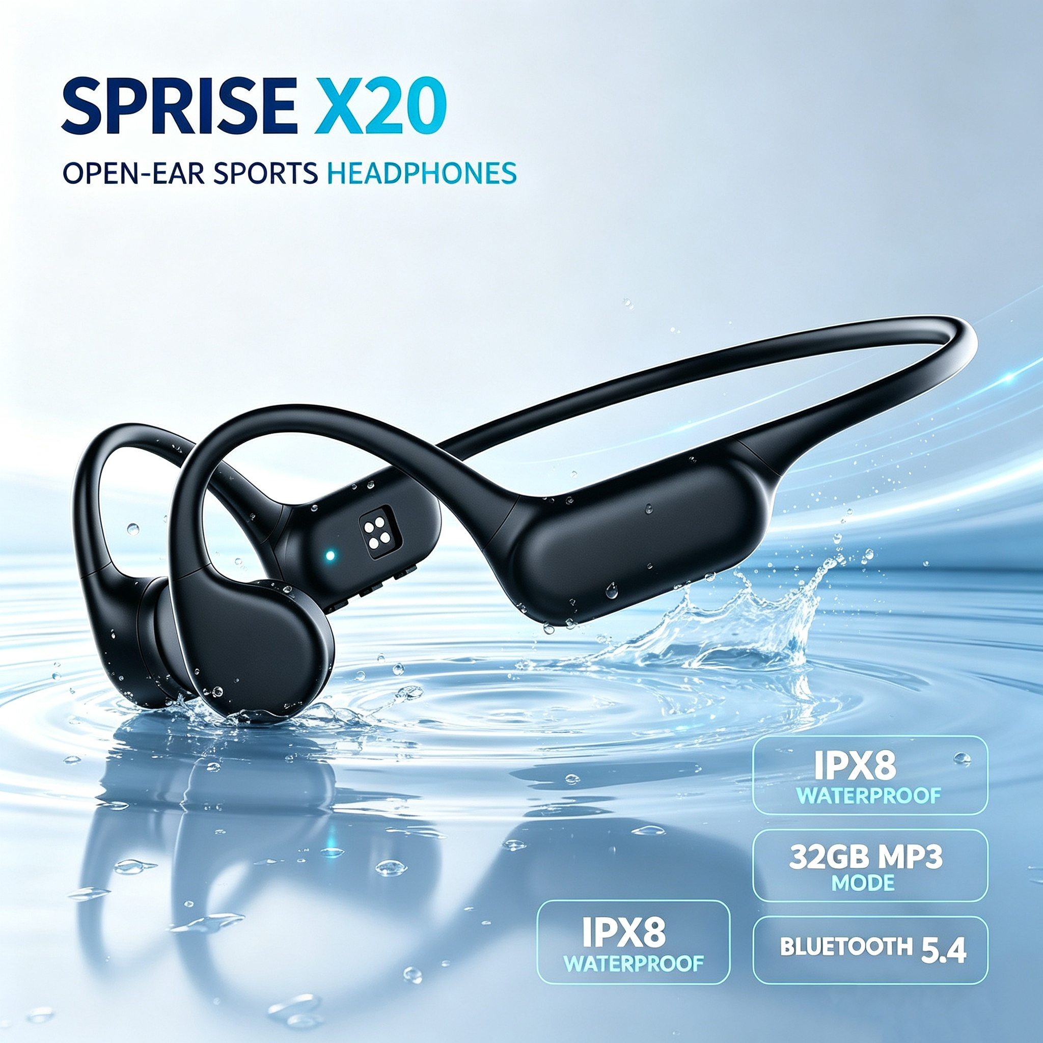 SPRISE X20 Fones De Ouvido De Condução Óssea Abertos Bluetooth5.4 IPX8 À Prova D'água 32GB Armazenamento De MP3 Natação