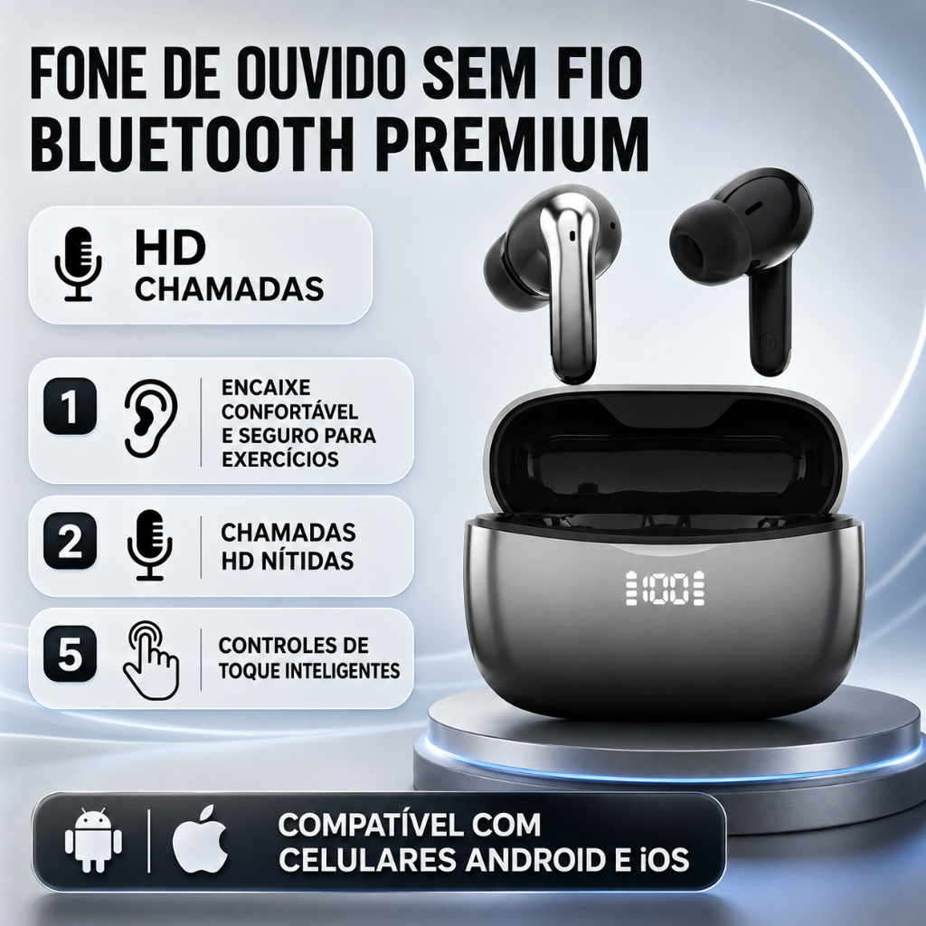 HREBOS x HEYOO Fone TWS Bluetooth5.3 Display Digital ENC Cancelamento Ruído Chamada HD 30H Trabalho