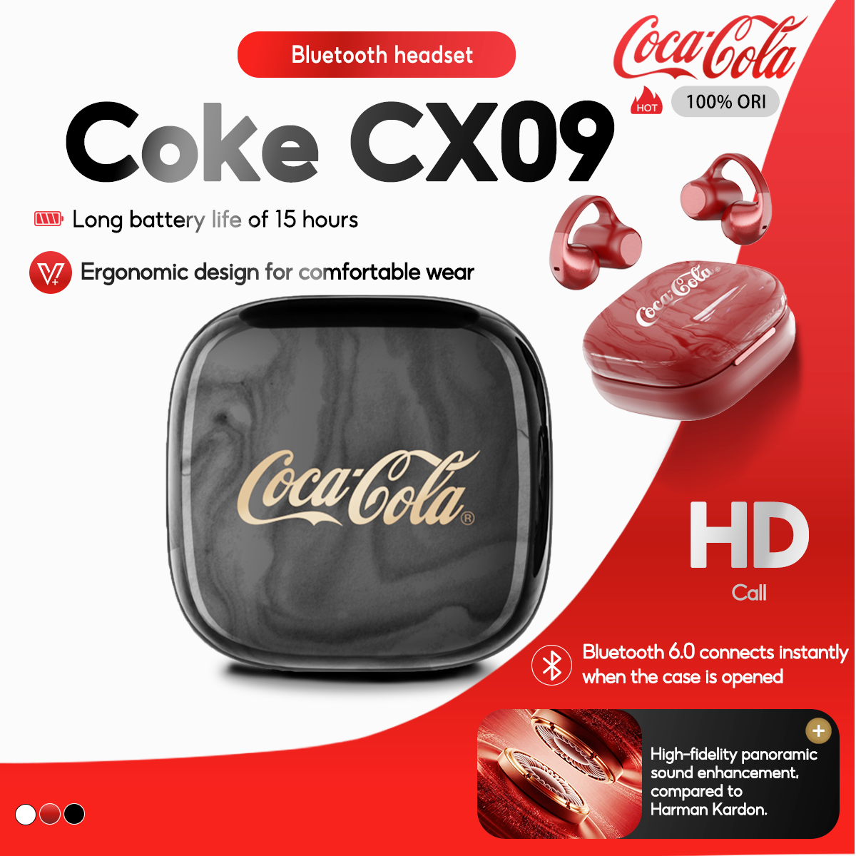 Coca-Cola CX09 Fones De Ouvido Bluetooth5.4 Estilo Clipe Fone De Alta Fidelidade Som Elegante Portátil Confortável Adequ