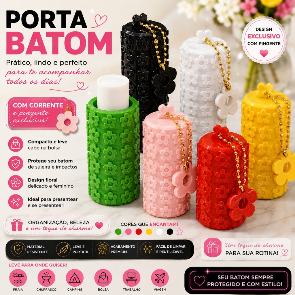 Porta Batom Floral Premium com Pingente | Acessório Feminino para Bolsa e Necessaire