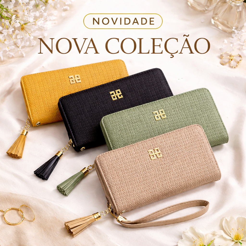Carteira Feminina Grande Porta Cartões Dinheiro Documentos com Zíper Pingente Tassel Elegante Ling