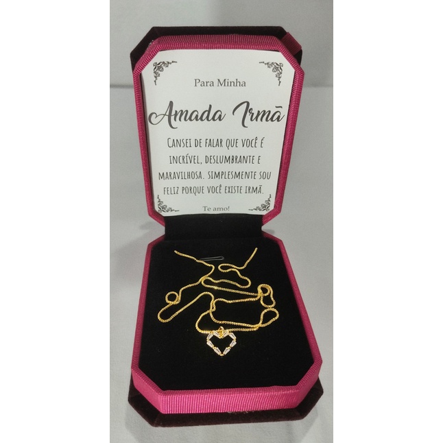 Presente Aniversário Irmã Colar Dourado Pingente Zircônias Porta Joias Luxo + Mensagem Personalizada