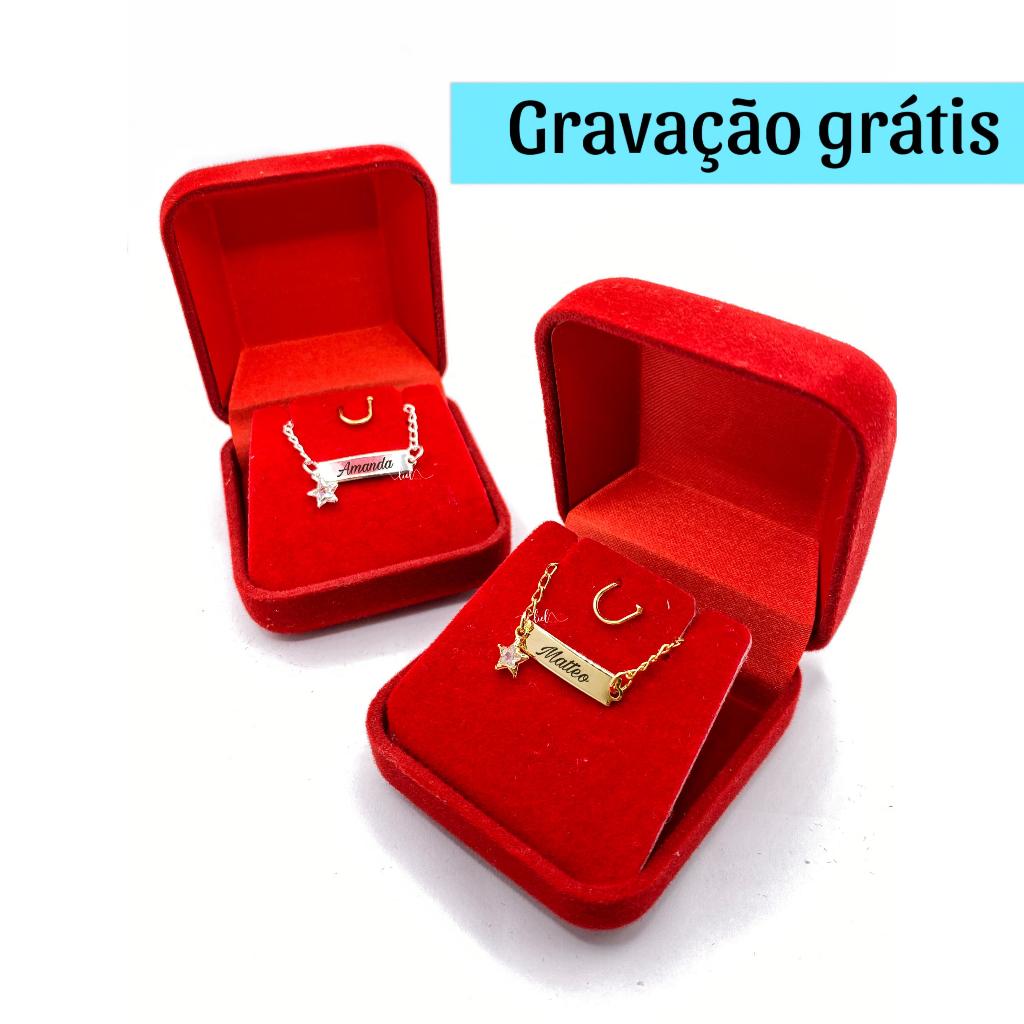 Pulseira Infantil Pingente Estrela Bebê RN Personalizada Gravação Nome Prata Ouro Caixa Porta Pulseira