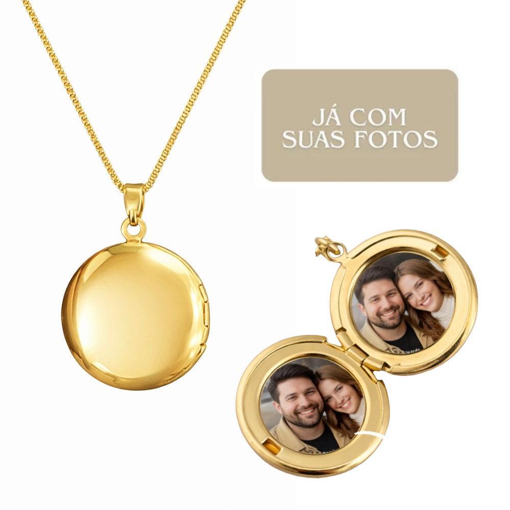 Colar Relicário Masculino Ouro 18K Banhado Porta Foto Pingente Redondo Personalizado
