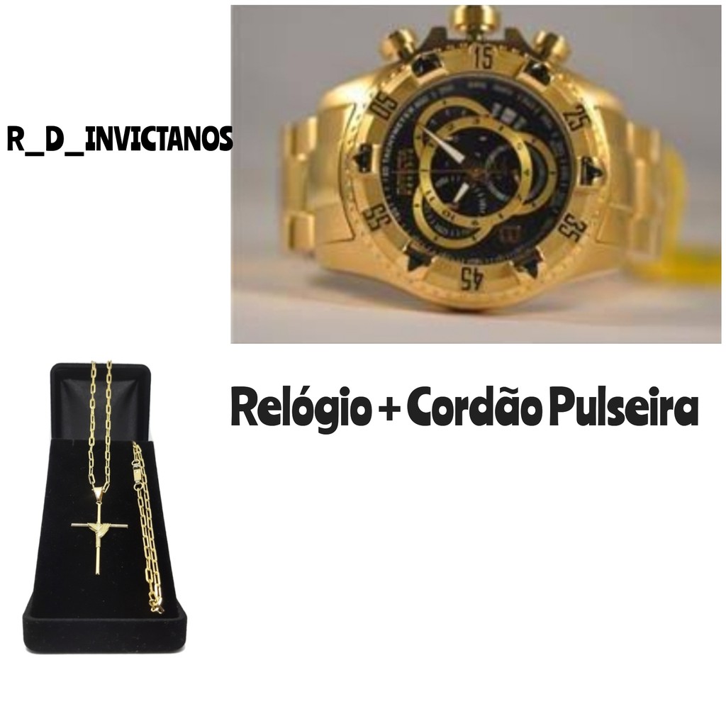 Relógio Reserve Masculino Kit Relógio + Cordão Pulseira e Pingente Folheado  +  porta Relógio