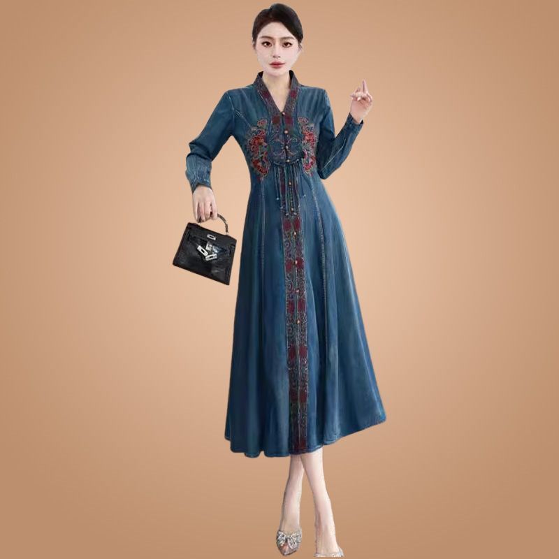 New Chinese-style heavy embroidery denim dress for women, 2026 spring new ethnic retro high-waisted slimming long dress