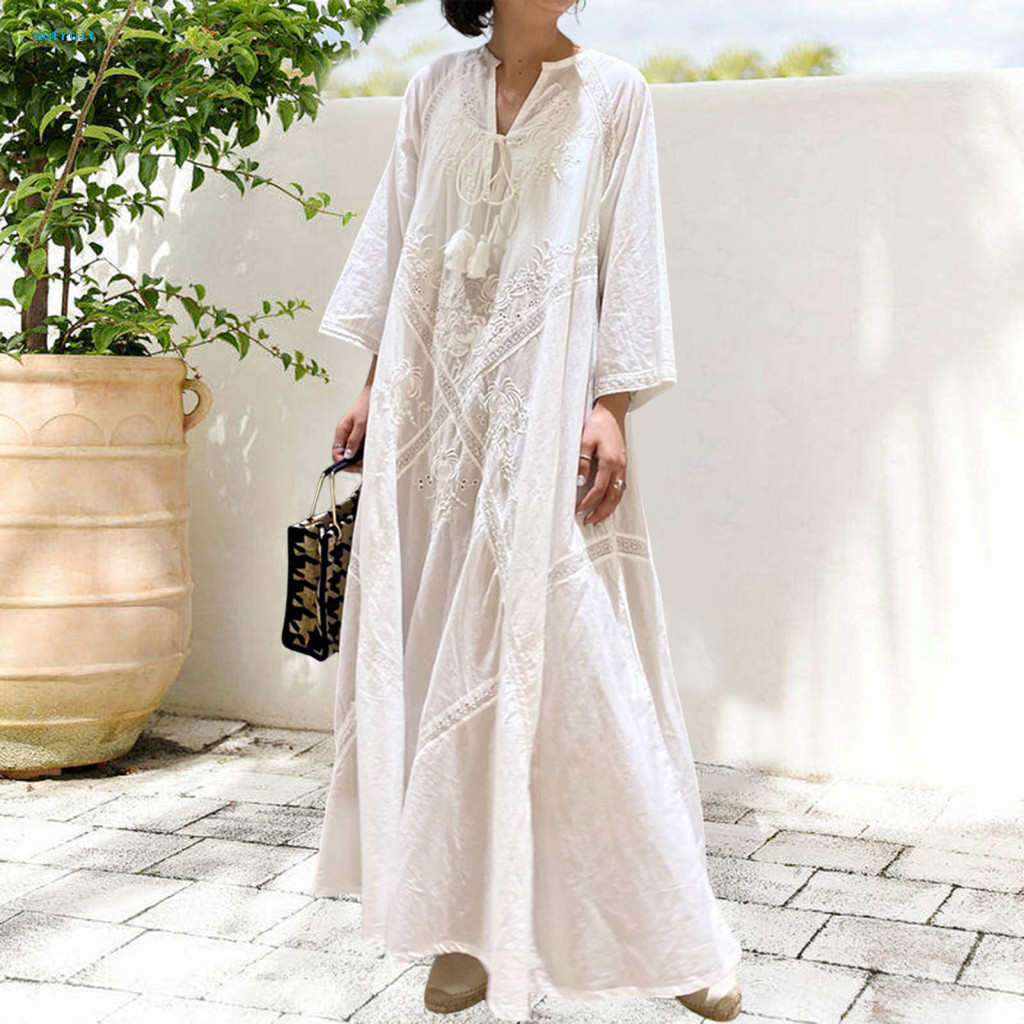 Beach Party Dress Lightweight Summer Spring Women’s Lace-up Strap Tassel A-line Maxi Retro Floral Embroidery V Neck Lo