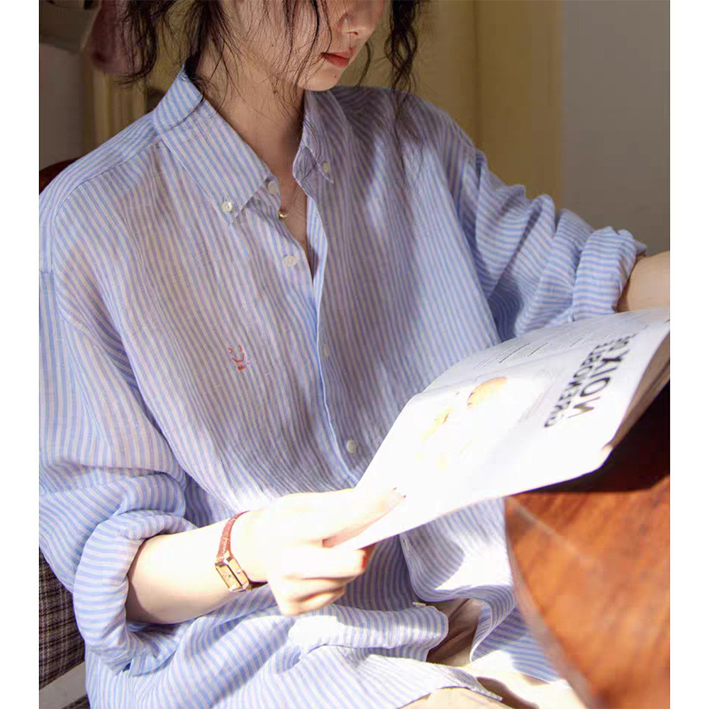 Blue striped sun-protective linen shirt for women, spring outerwear, stylish long-sleeve shirt jacket with embroidery