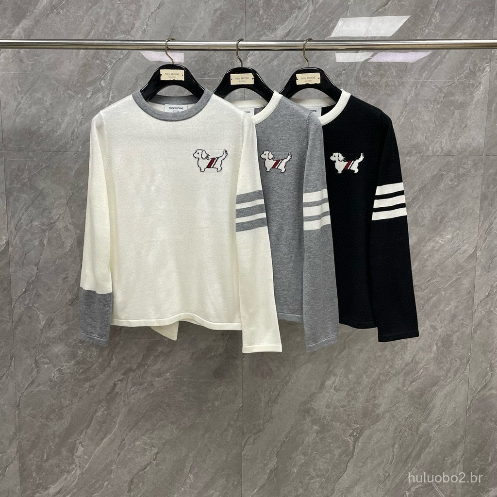 UJ5Y New Spring and Autumn Color-Block Four-Bar Round Neck Pullover Knit Sweater with Dog Embroidery on the Chest for Wo