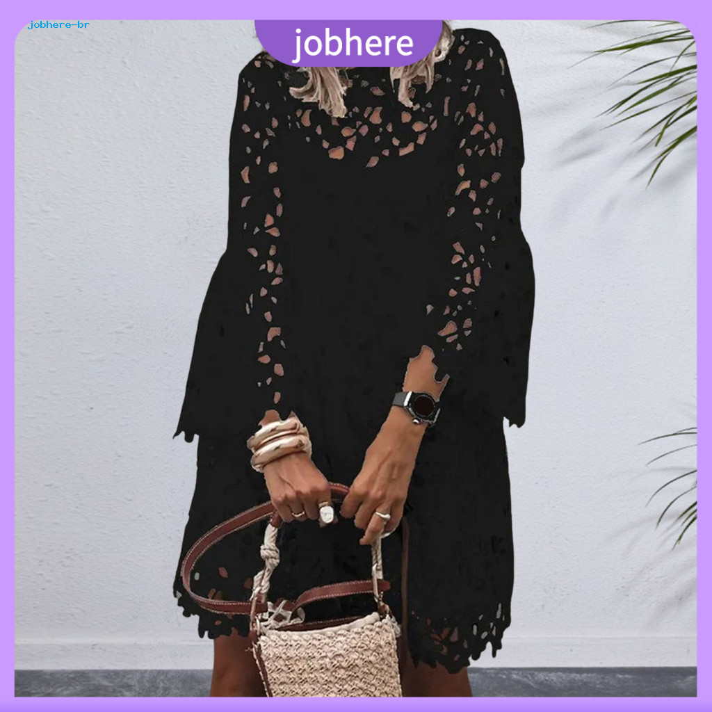 Women Lace Dress Summer Floral Women’s Spring Fall Midi Hollow Flower Embroidery Round Neck Double-layered Long Sleeve