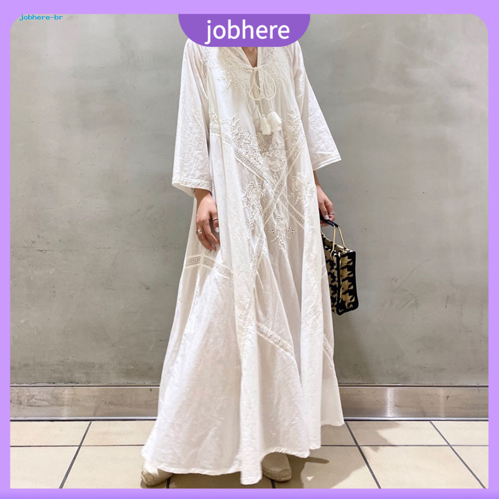 Retro Dress Loose Fit Summer Spring Women’s Lace-up Strap Tassel A-line Maxi Floral Embroidery V Neck Long Sleeves Ank