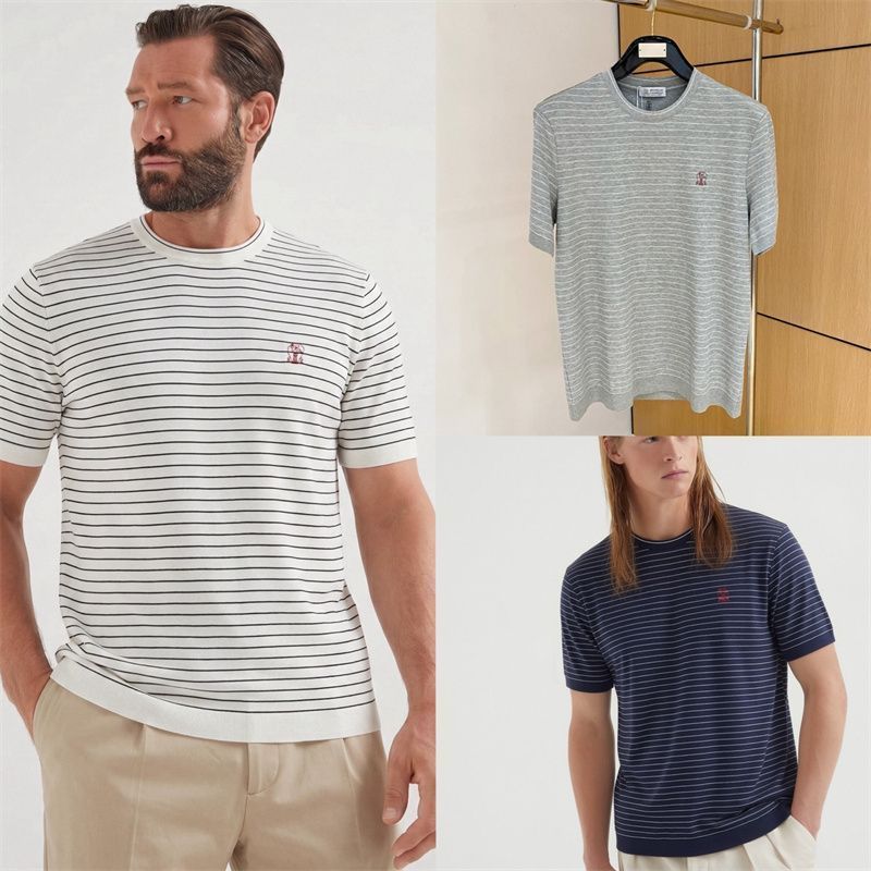 USL9 Spring and summer new men's old money style round neck striped embroidery logo Casual short-sleeve knitwear T T shi