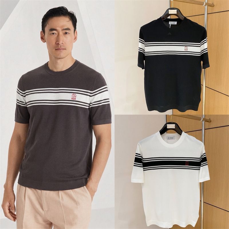 GZUU Spring and summer new men's old money style fashion embroidery logo Two-tone striped casual short-sleeve knit shirt