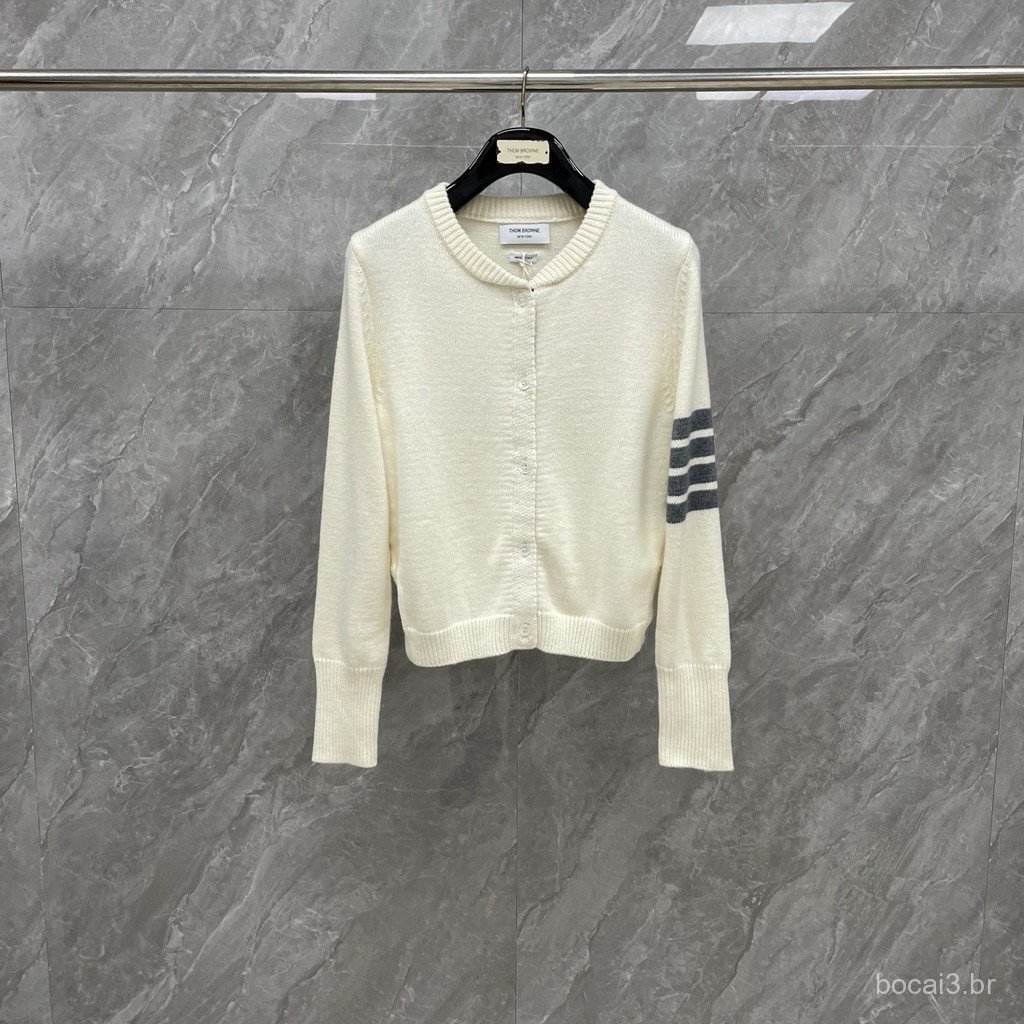 FNFR Women's new spring and autumn classic four-stripe white cardigan with dog embroidery on the back and round neck, tr