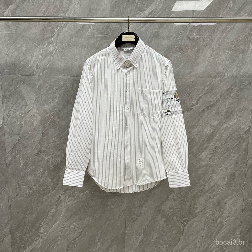 EBOO 25New Spring and Autumn Classic Four-Bar Goose Embroidery Striped Oxford Long-Sleeve Shirt Trendy