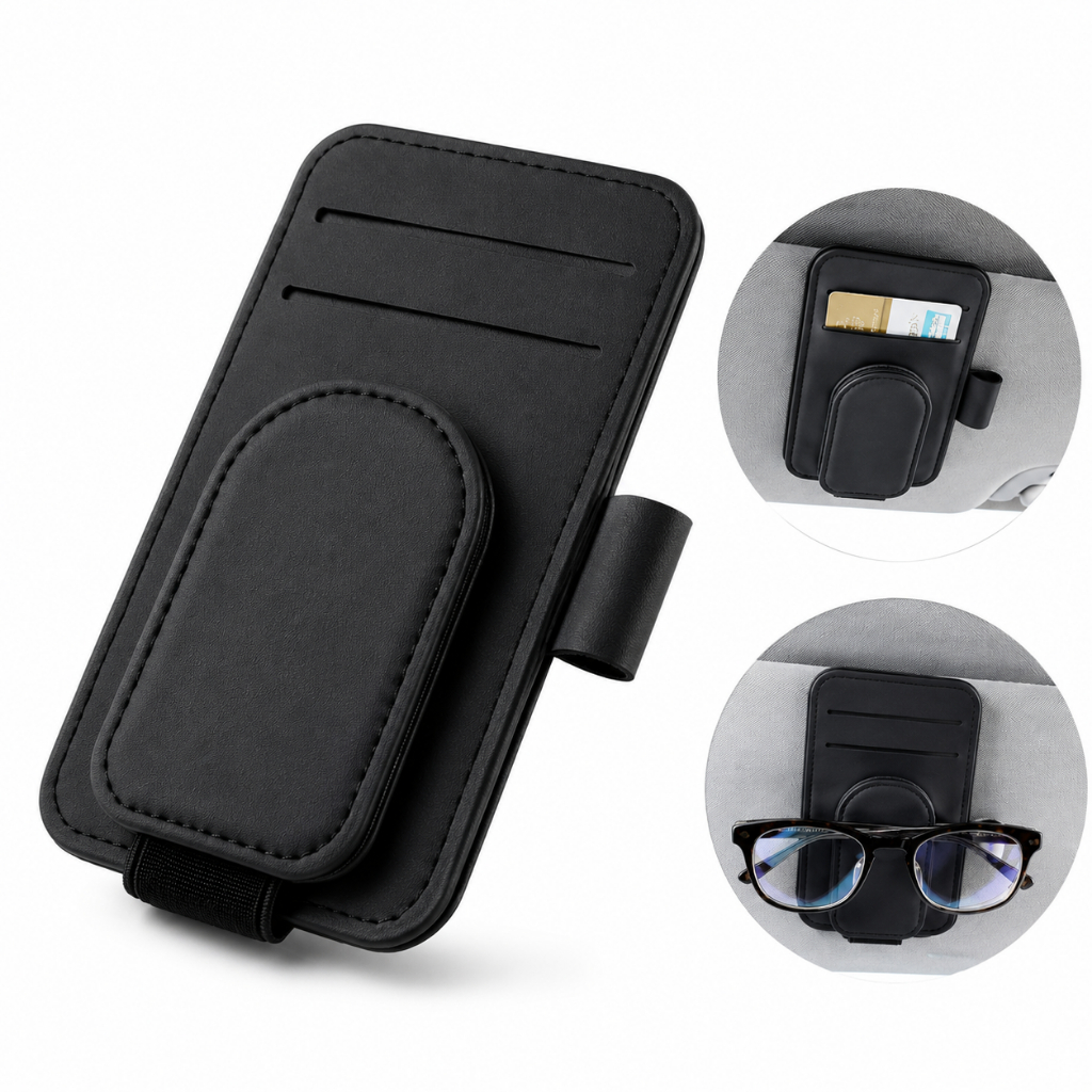 Suporte Porta Óculos Cartão Carro Quebra Sol Magnético Organizador Veicular PU Premium Universal