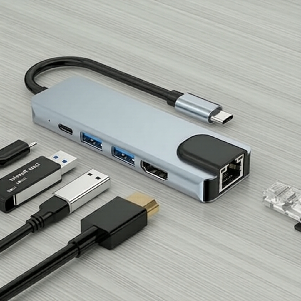 Adaptador Hub USB-C 5 em 1 com HDMI 4K, Ethernet RJ45, Carregamento PD 87W, DisplayPort para laptops/tablets