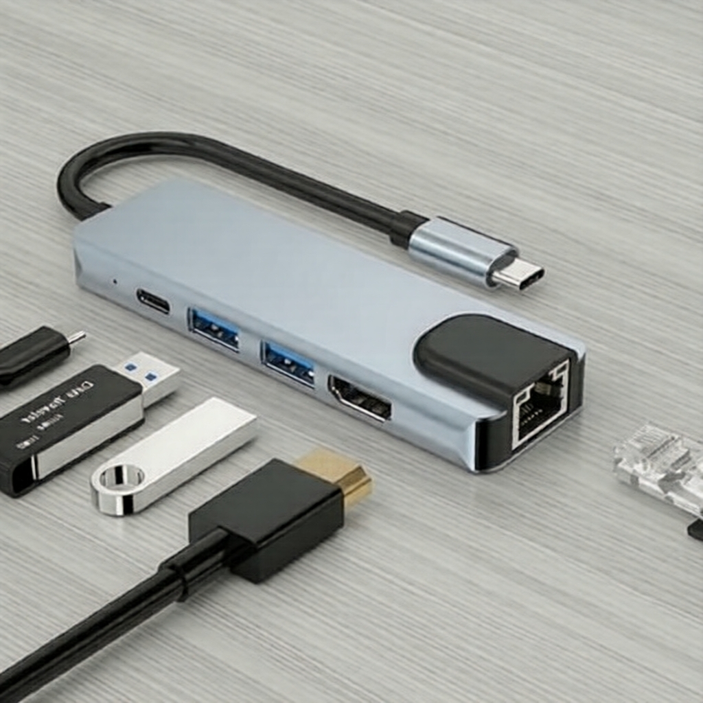 Hub USB-C 5 em 1 87W PD: HDMI 4K, Ethernet RJ45 e DisplayPort para laptops e tablets