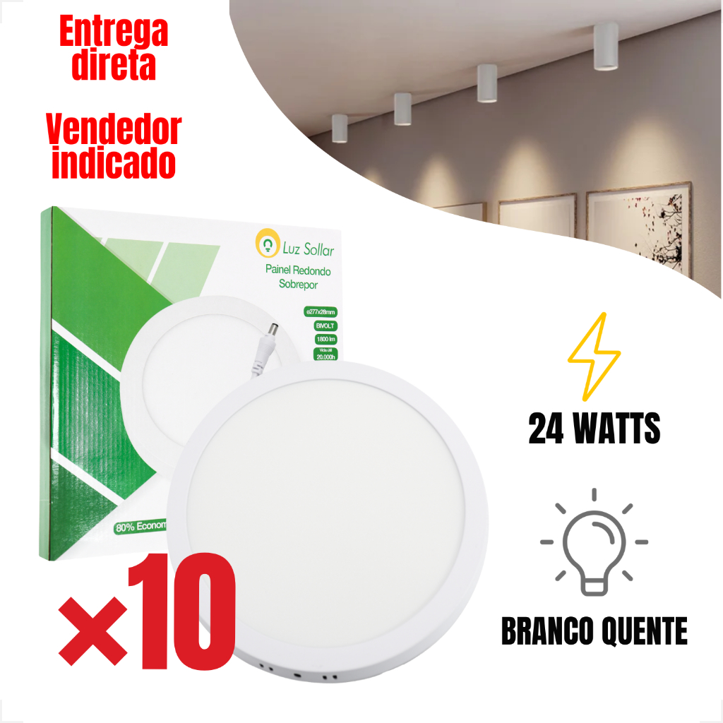 Kit 10 Painel Sobrepor 24w 3000k Redondo Plafon Led 30cm Bivolt Interior Luminária Gesso Luz