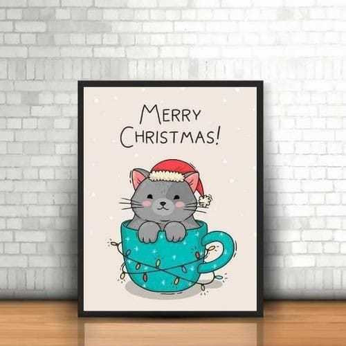 Quadro decorativo Placa MDF Gato Na Chicara Com Toca De Natal