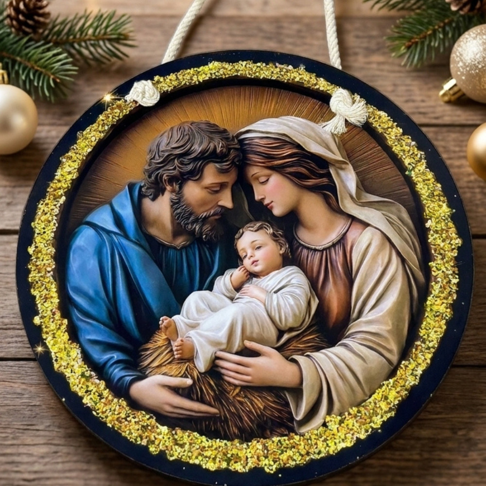 Guirlanda de Natal Religiosa Sagrada Família Presépio MDF 25cm Placa Porta Enfeite Natalino Decoração