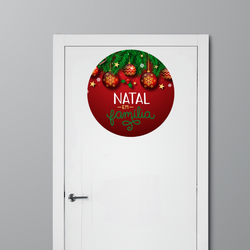 Quadro Decorativo Placa Porta Redonda MDF Natal em Família Decoração Natalina Vermelha