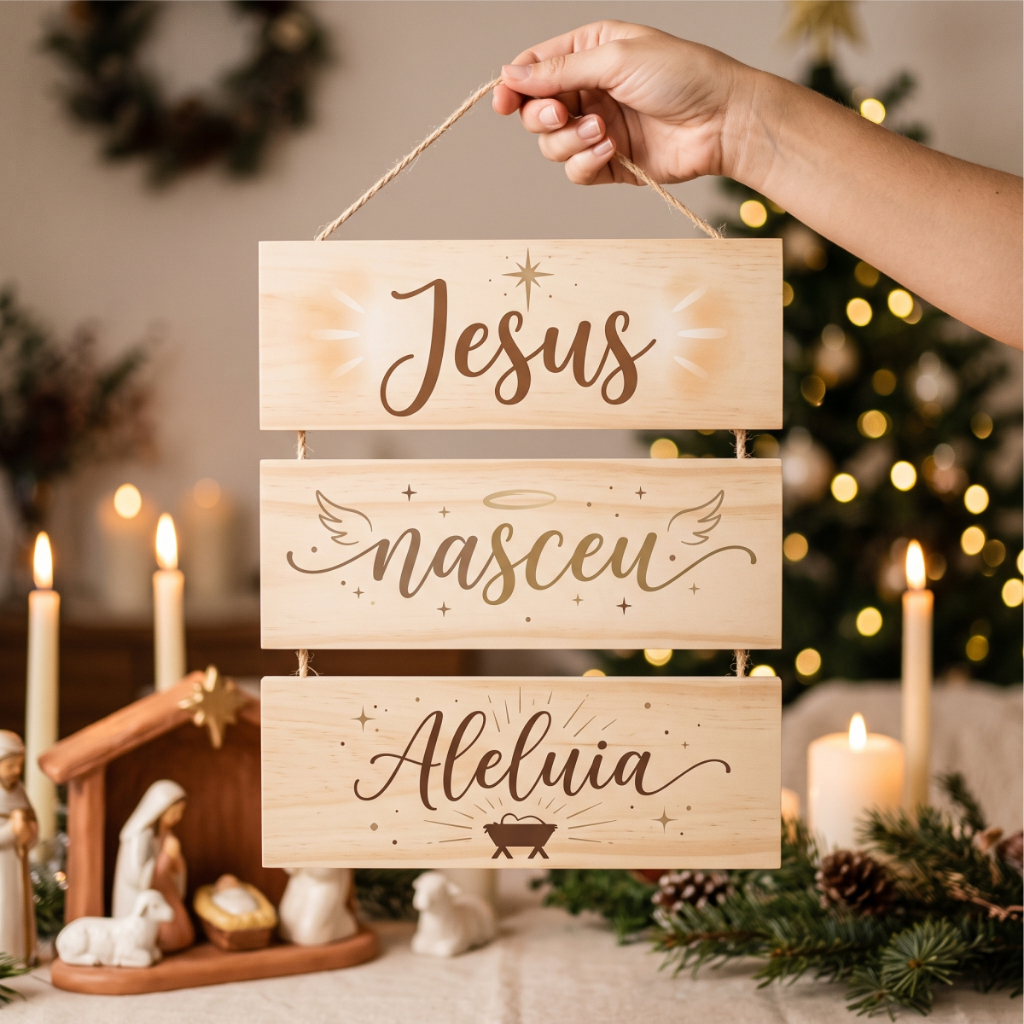Plaquinha Decorativa de Natal 3 Placas MDF para Porta Parede Frases Natalinas Jesus Boas Festas