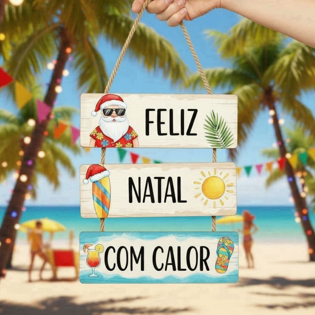 Placa Decorativa Natal Calor Tropical Praia Decoração Natalina Papai Noel Plaquinha MDF Sisal