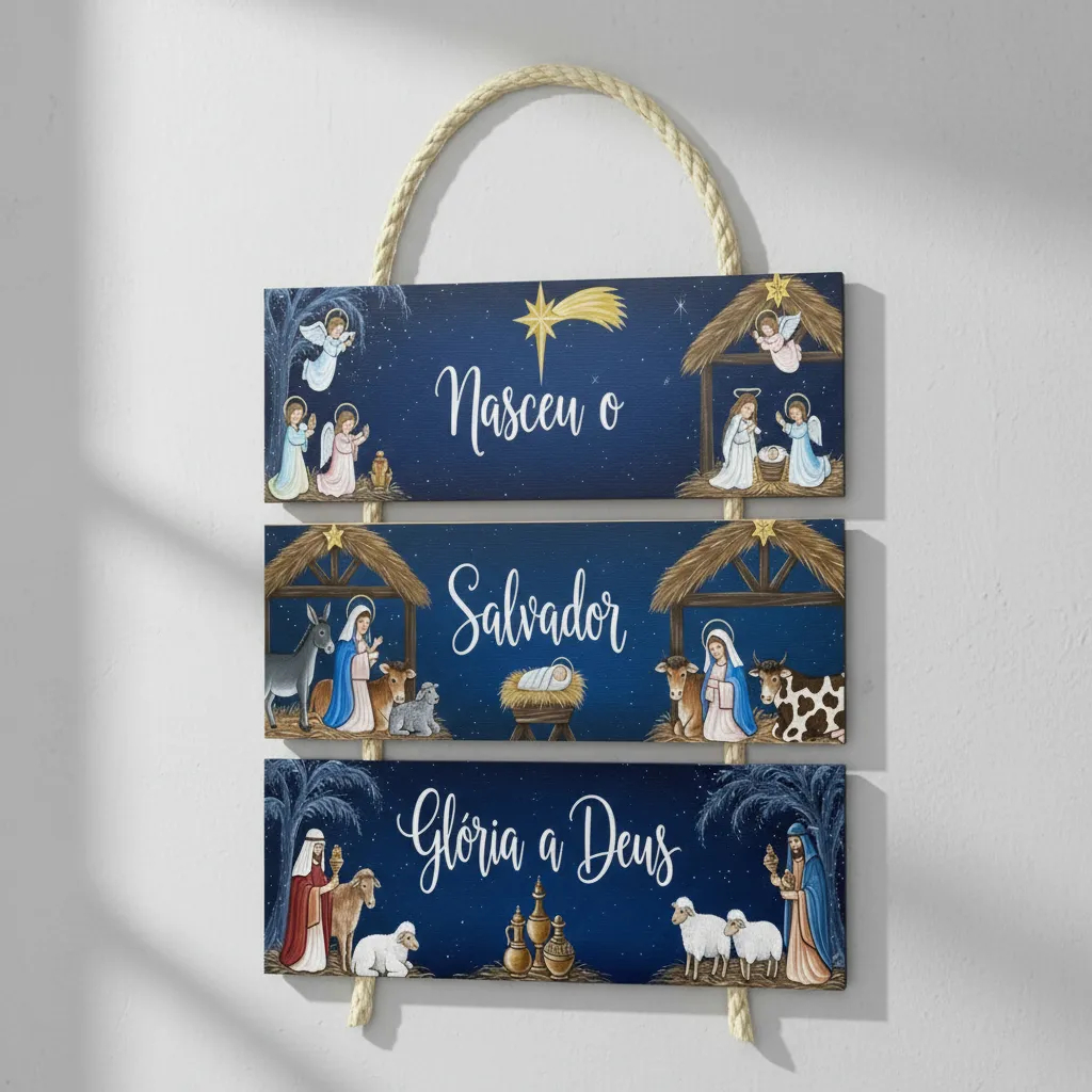 Plaquinha Decorativa Religiosa Natal Nasceu O Salvador Glória A Deus Placa MDF Decoração Sisal