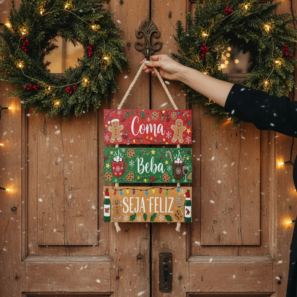 Plaquinha Decorativa Divertida Cores Natal Coma Beba Seja Feliz MDF Placa Decoração Sisal