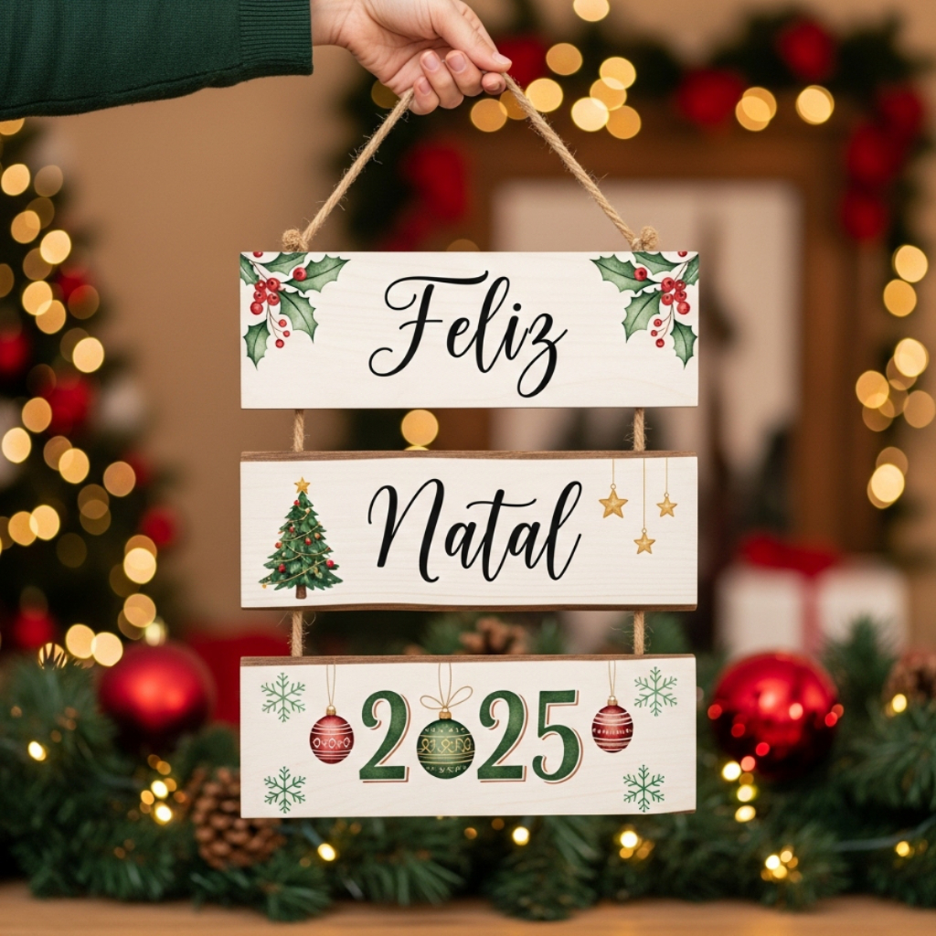Plaquinha Decorativa Feliz Natal 2025 Boas Festas Papai Noel Placa MDF Decoração Natalina