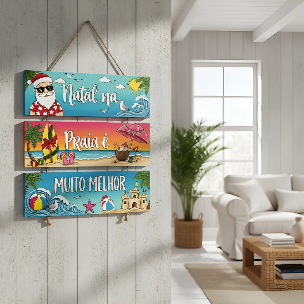 Plaquinha Decorativa Papai Noel Natal Na Praia É Muito Melhor Placa MDF Decoração Sisal