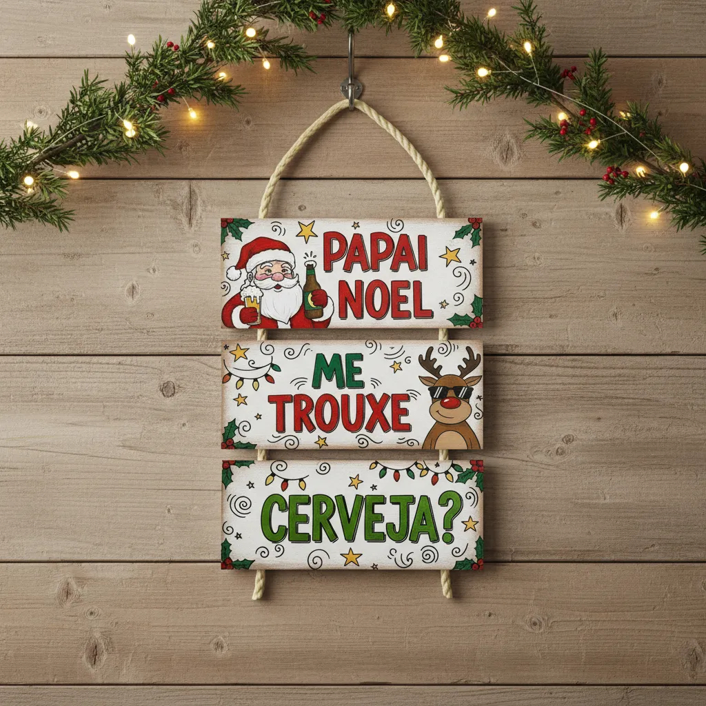 Plaquinha Decorativa Divertida Natal Papai Noel Me Trouxe Cerveja ? Placa Decoração MDF Sisal