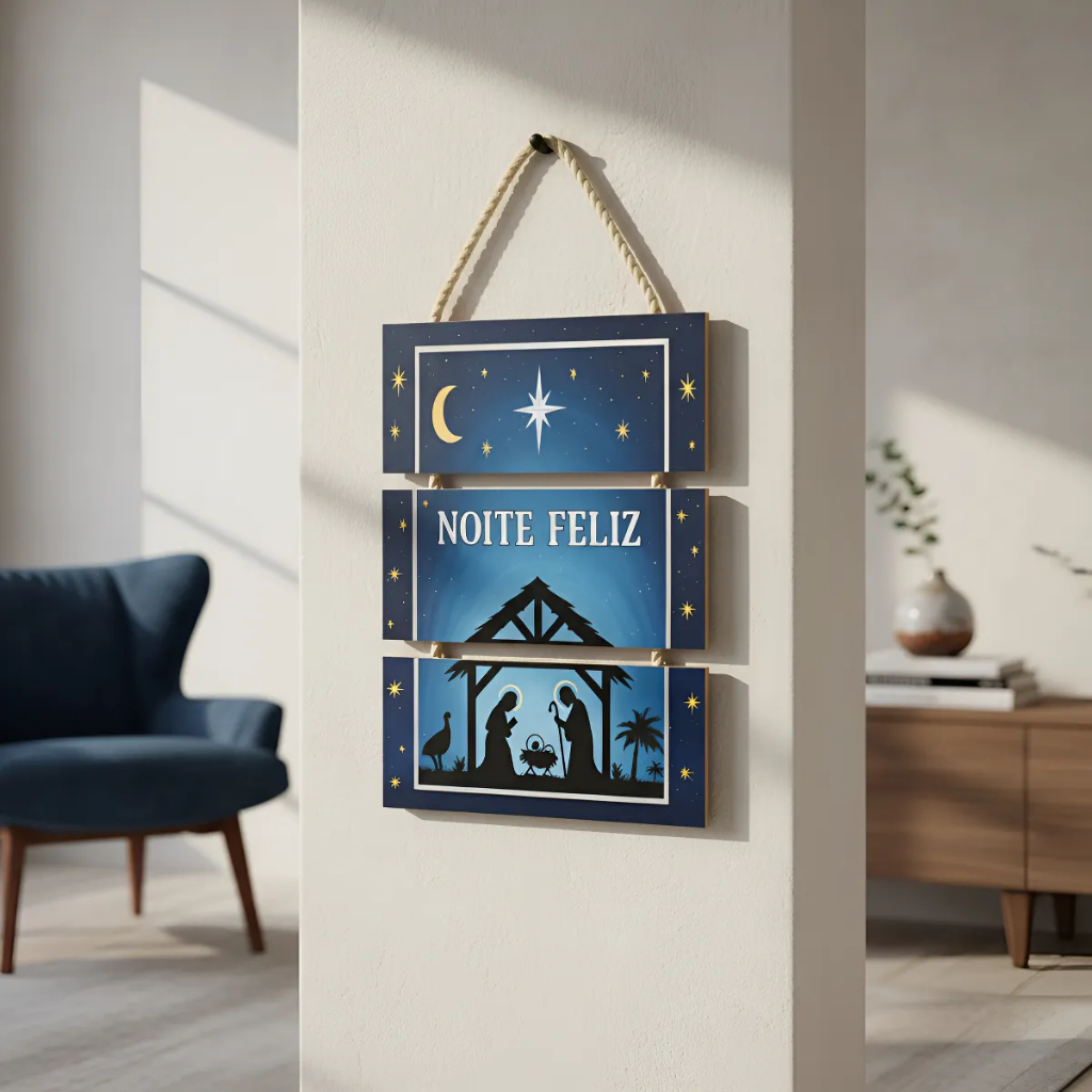 Plaquinha Decorativa Noite Feliz Decoração Natalina Feliz Natal Nascimento de Jesus MDF Sisal Placa