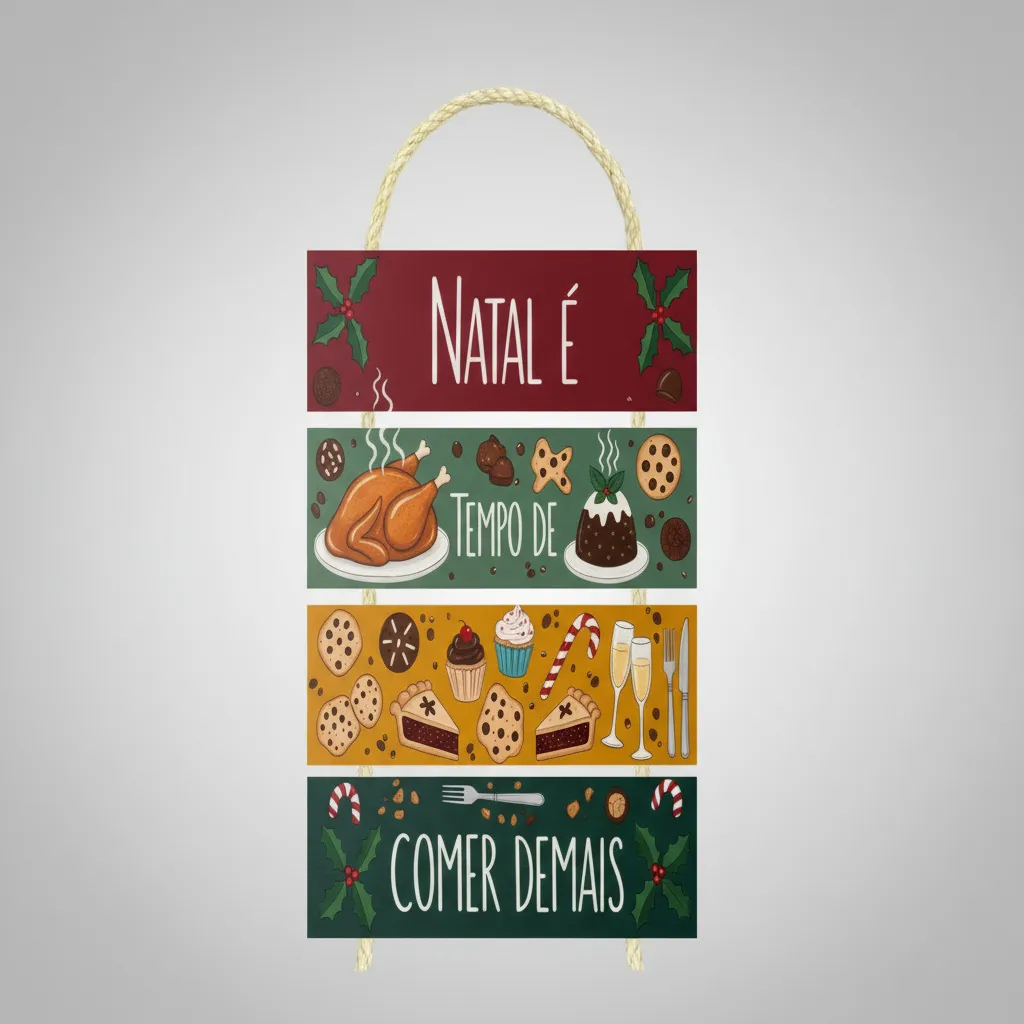 Plaquinha Decorativa Divertida Natal É Tempo De Comer Demais Placa MDF Decoração Sisal