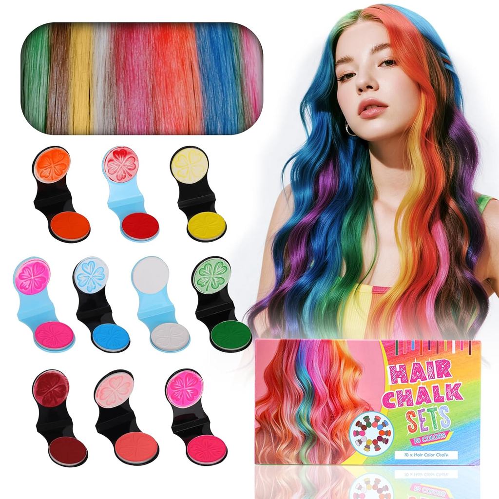 Hair Chalk Set for Girls, 10 Colors Washable Temporary Hair Color for Kids Dye Comb Pen Makeup Kit 6-13 Men Women for Da
