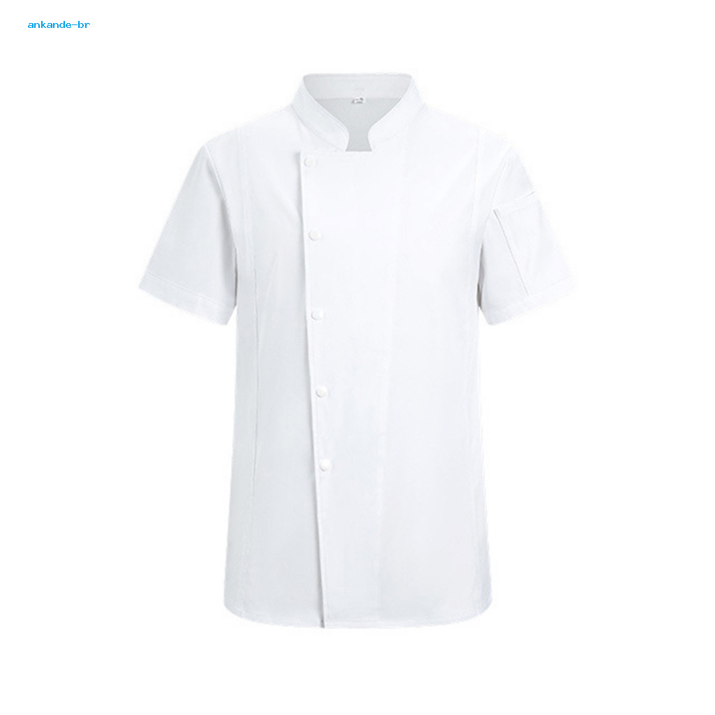 Washable Chef Coat Women Professional Short Sleeve Stand Collar Workwear Single-breasted Buttons Solid Color Kitchen Uni