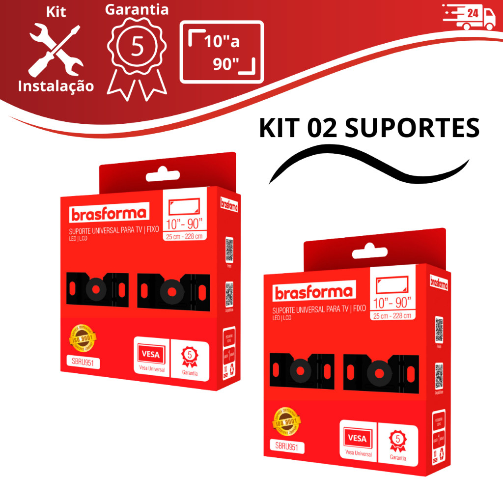 Kit 02 Suporte Tv Fixo Lcd Led 10 - 90 Polegadas Parede e Painel