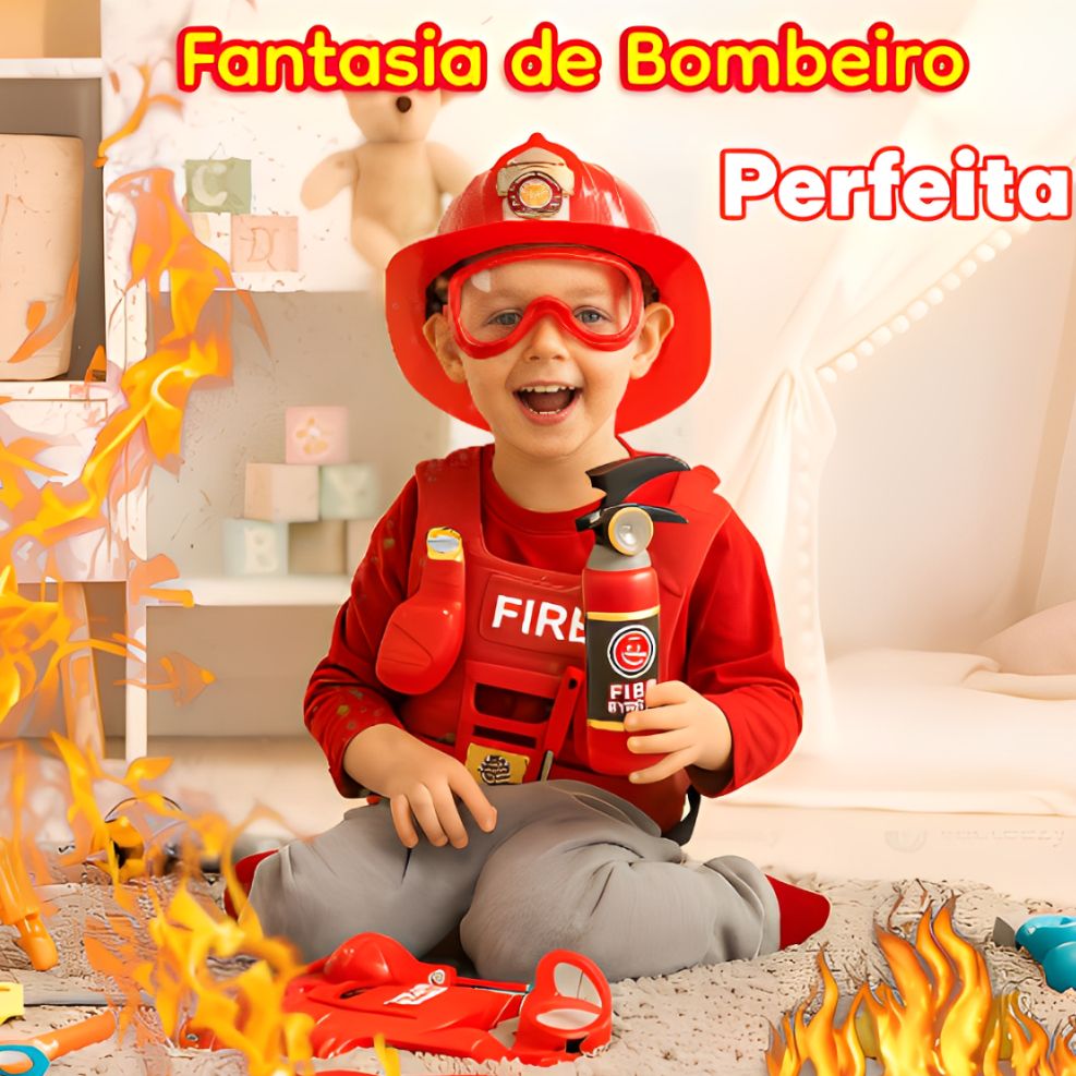 Kit Infantil Brinquedo Bombeiro com Colete e Acessórios 8 Peças Fantasia Com Extintor Brincar de Bombeiro