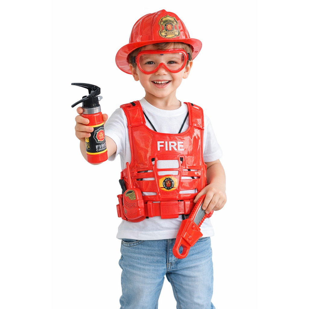 Fantasia Infantil Kit Bombeiro Colete Acessórios Brinquedo Carnaval Festa Temática