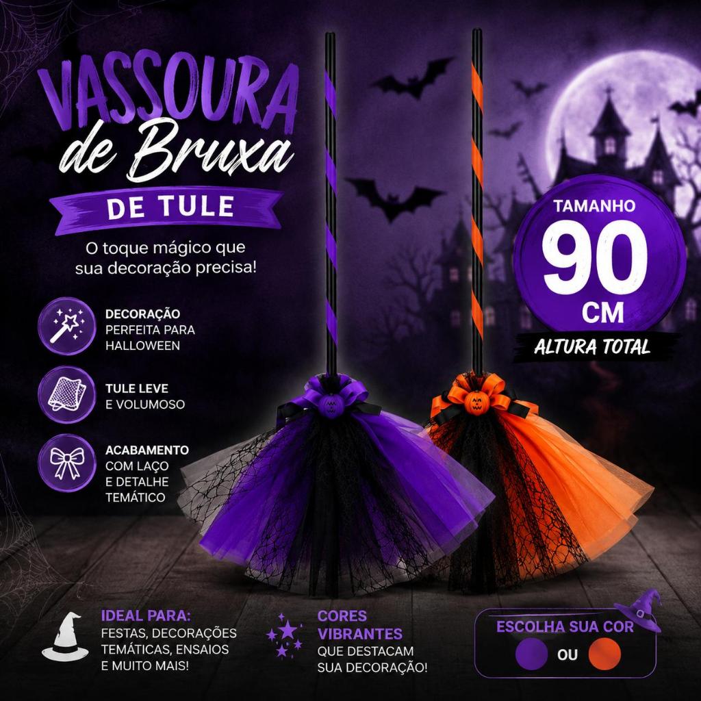 Vassoura de Bruxa Acessório Decoração Enfeite Halloween Festa Fantasia Variação Laranja Roxo