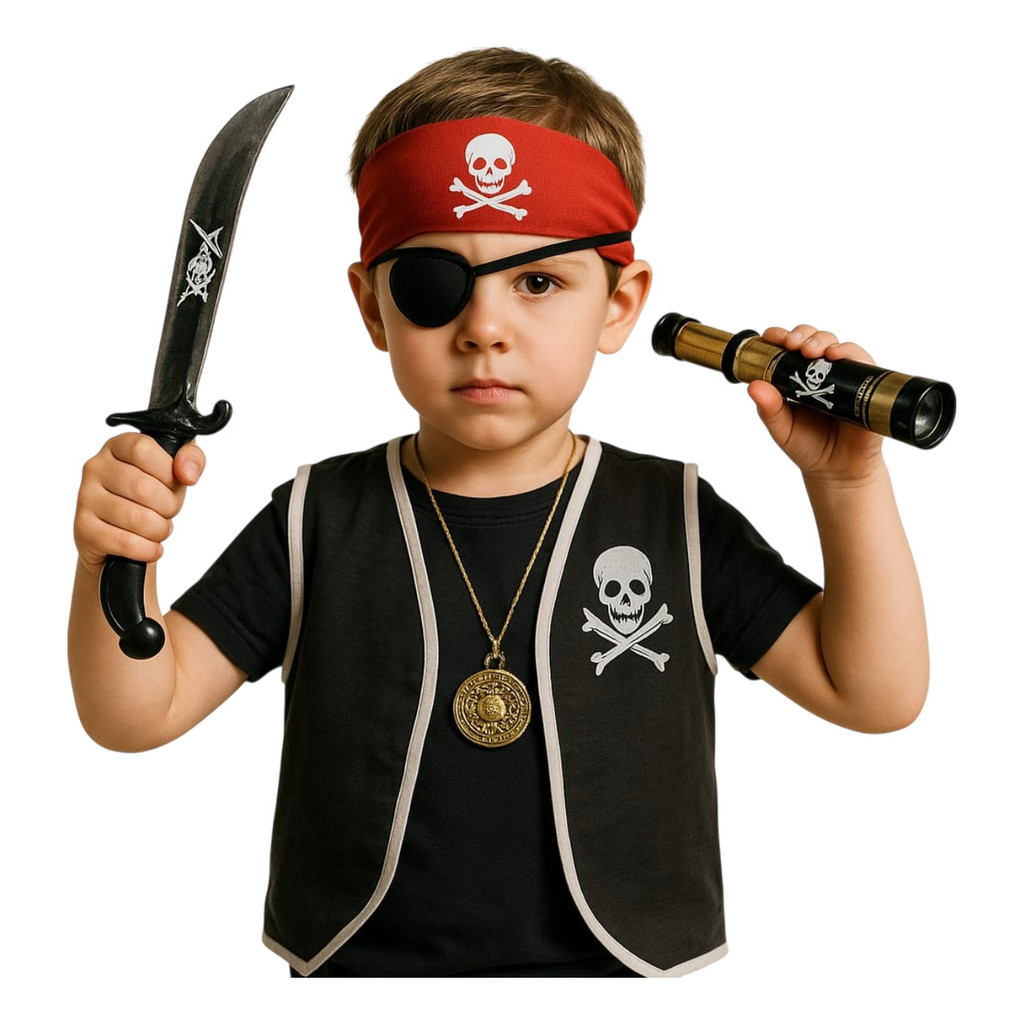 Fantasia menino infantil acessorios pirata ( colete + bandana + espada + luneta + colar + tampão olho )