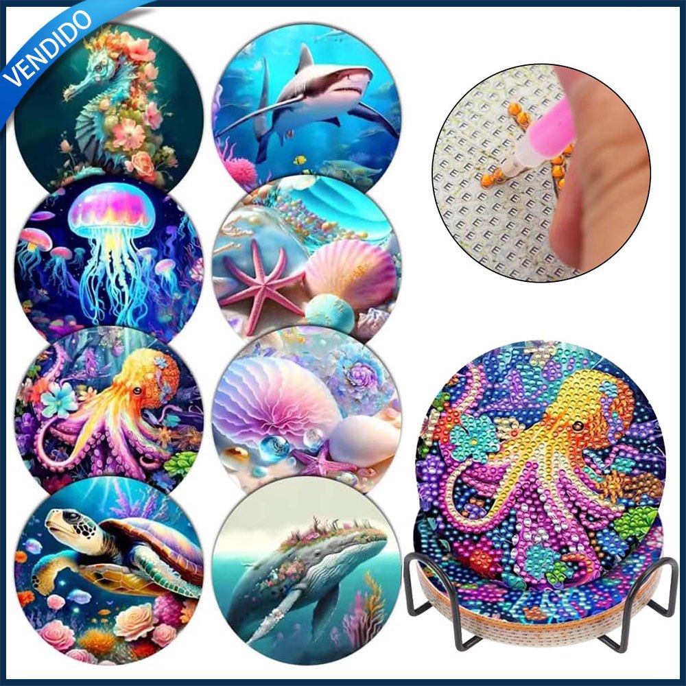 DIY Crianças Puzzle Handmade Diamante Pintura Cup Mat Isolamento Meal Mat com Suporte Animal Marinho Vento