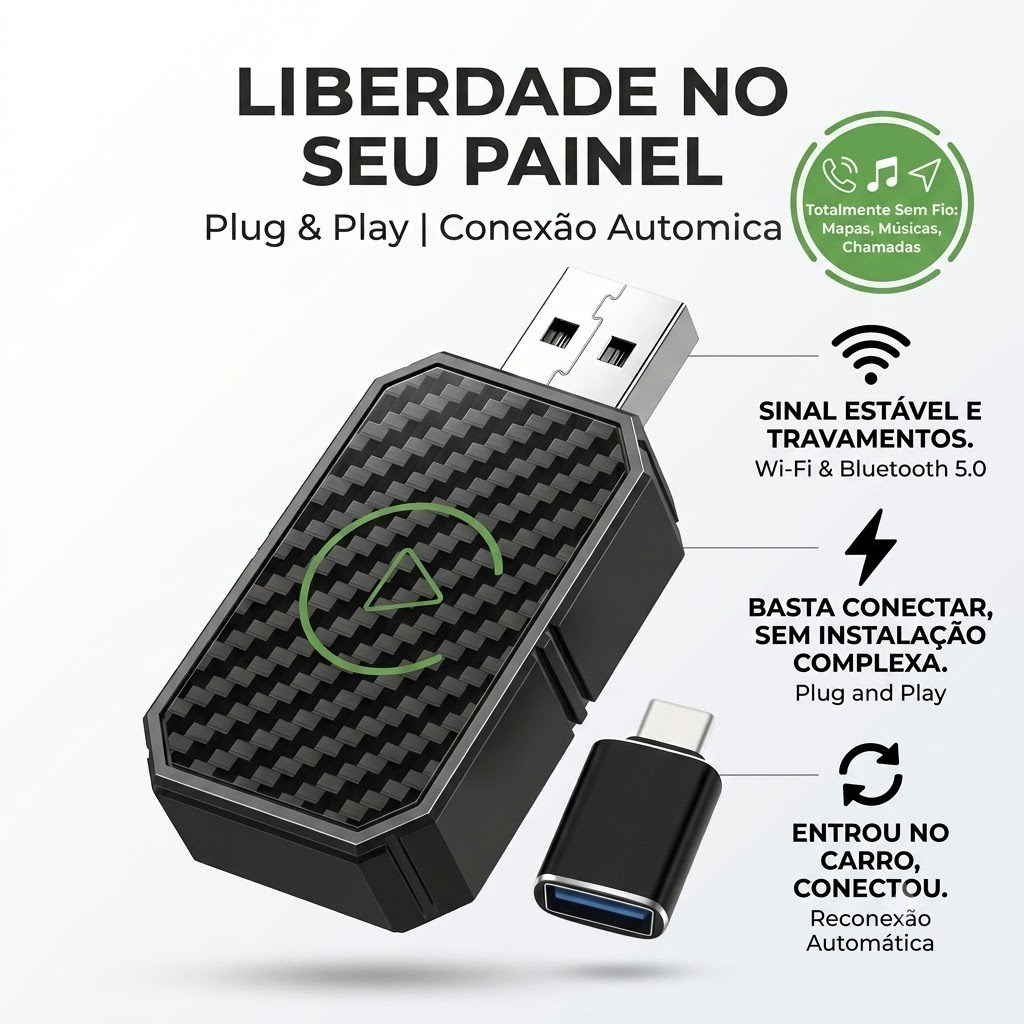 Adaptador CarPlay e Android Auto Sem Fio Wireless USB USB-C Plug Play Conexão Automática
