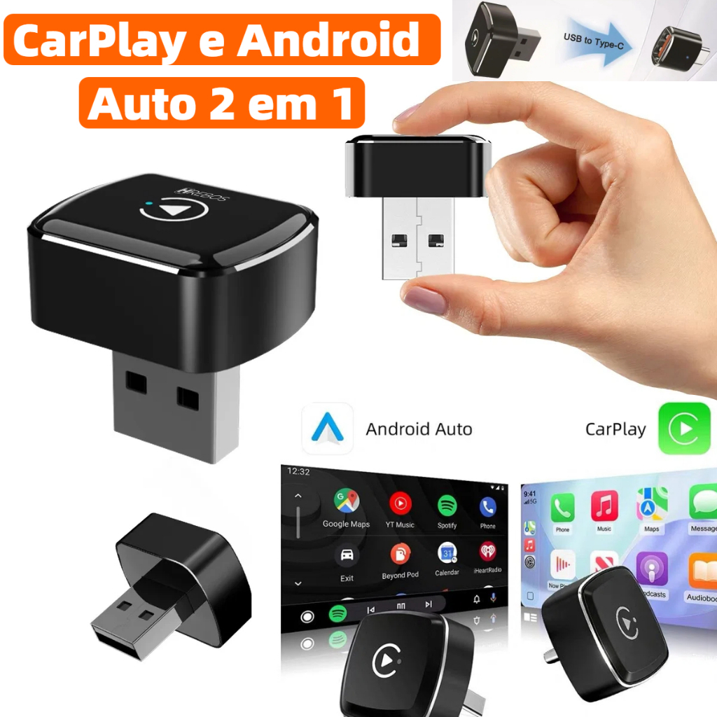 Carplay Adaptador Sem Fio Car Play Android Auto 2 Em 1 Usb Wireless Automático 2026 HREBOS AD-264
