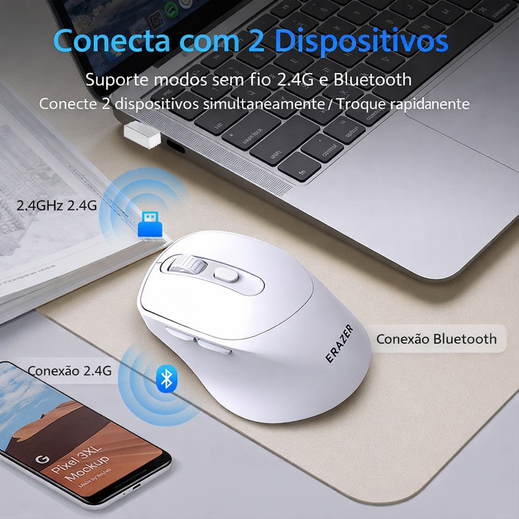 Mouse Sem Fio 2.4G Bluetooth Recarregável 1600DPI