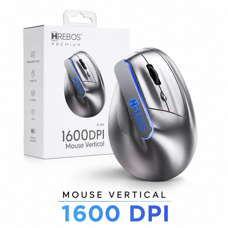 Mouse Vertical Ergonômico HREBOS IF-299 Sem Fio Bluetooth 2.4G 1600 DPI Recarregável 6 Botões LED