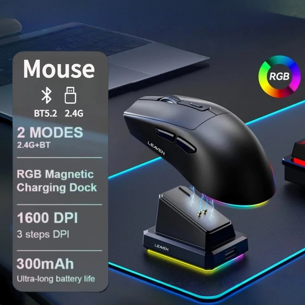 Novo Mouse Bluetooth De Modo Duplo 1600DPI Ajustável Sem Fio Ergonômico Escritório RGB Toque Base De Carregamento Magnét